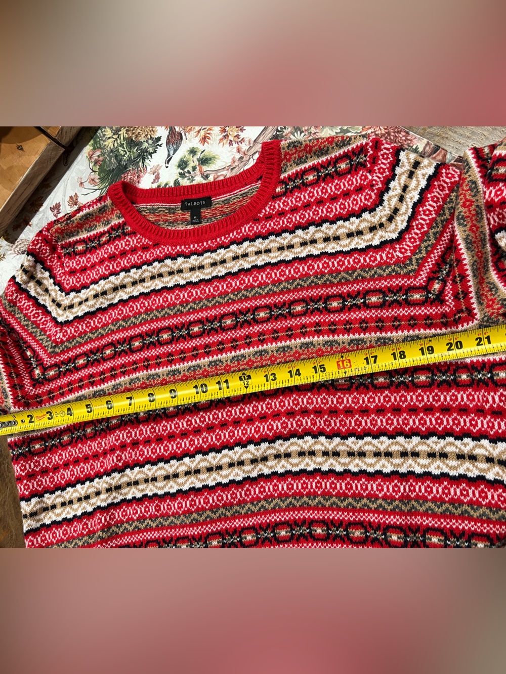 Talbots Red Crewneck Fair Isle Sweater with Cream and Black Accents
